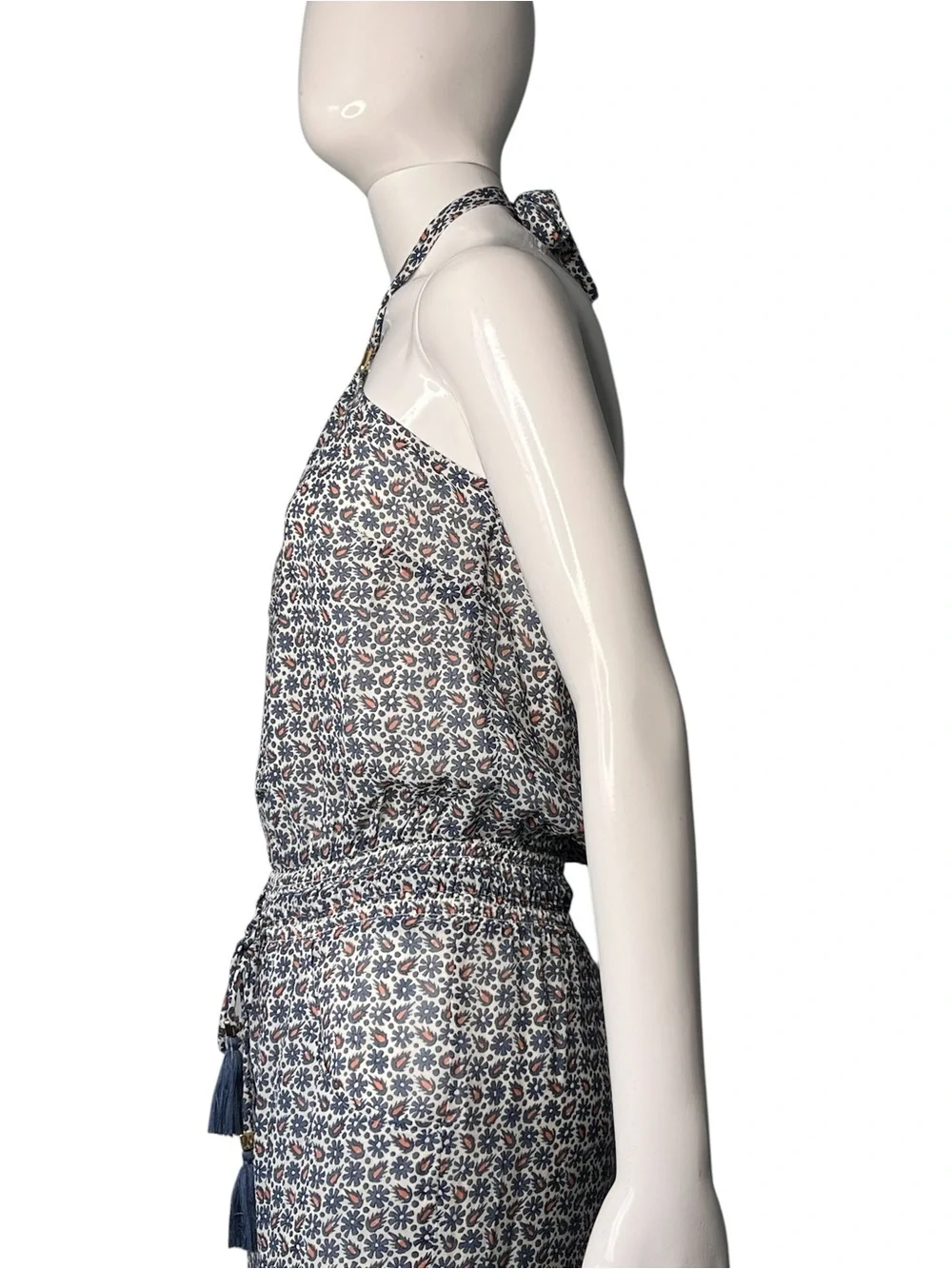 Tory Burch Silk Ditsy Floral Wide Leg Halter D-Ring Tassel Jumpsuit XS